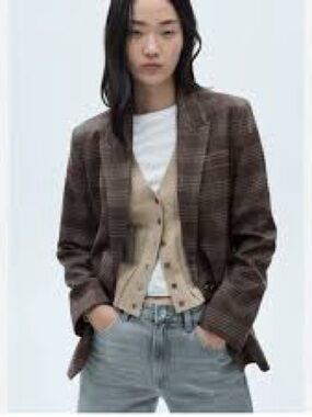 Mango Brown Plaid Blazer with Tan Waistcoat